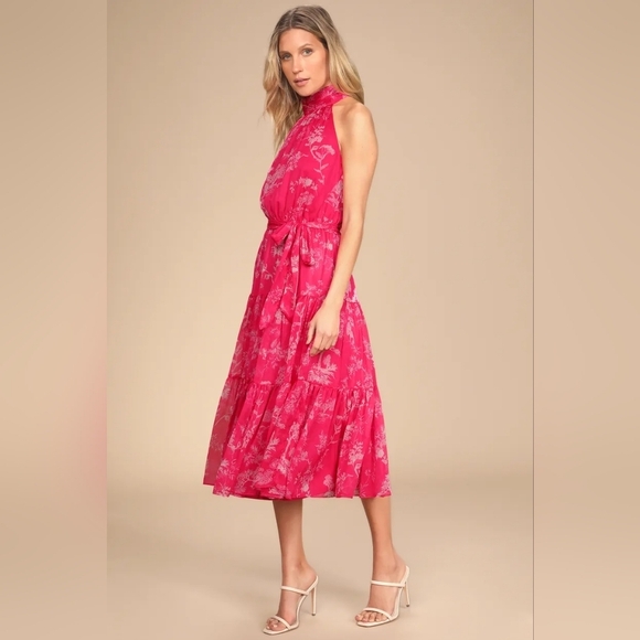 Lulus Float to You Hot Pink Floral Print Halter-Neck Tiered Midi Dress L Wedding - Picture 3 of 10